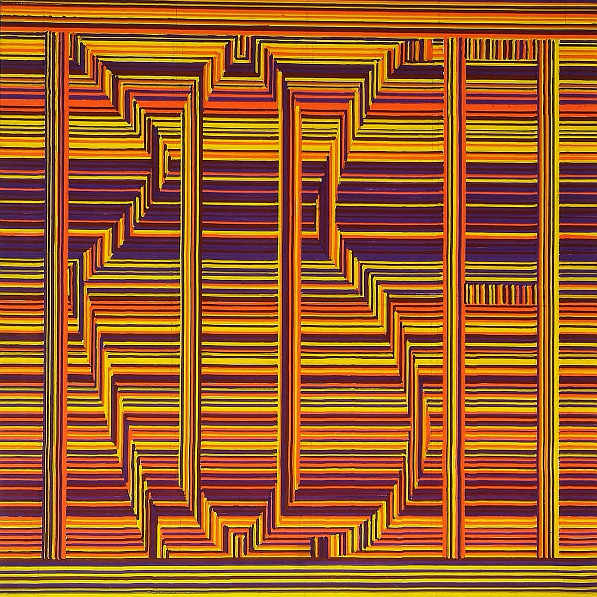 Blatt aus dem Berliner Album: waagerechte Streifenbündel in Gelb, Orange und Violett.